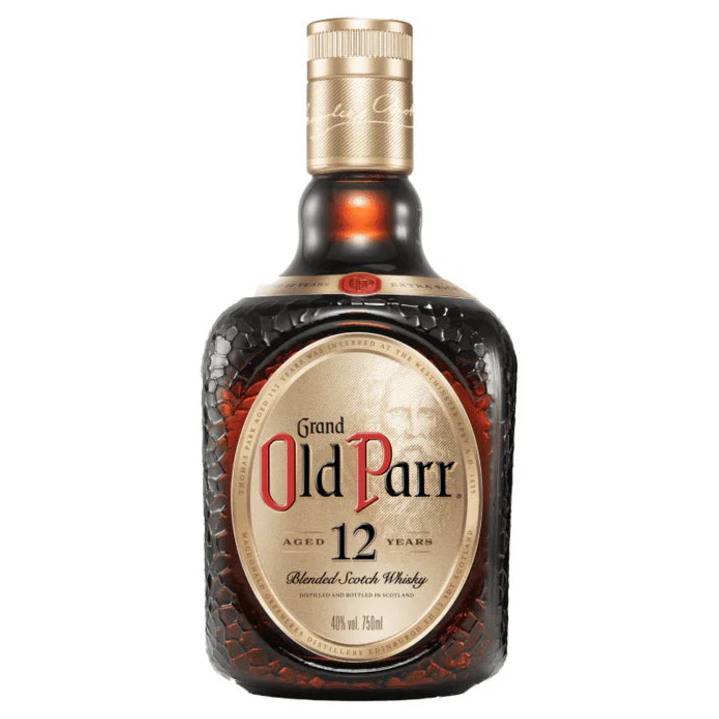 Bottle of Grand Old Parr whiskey on a white background