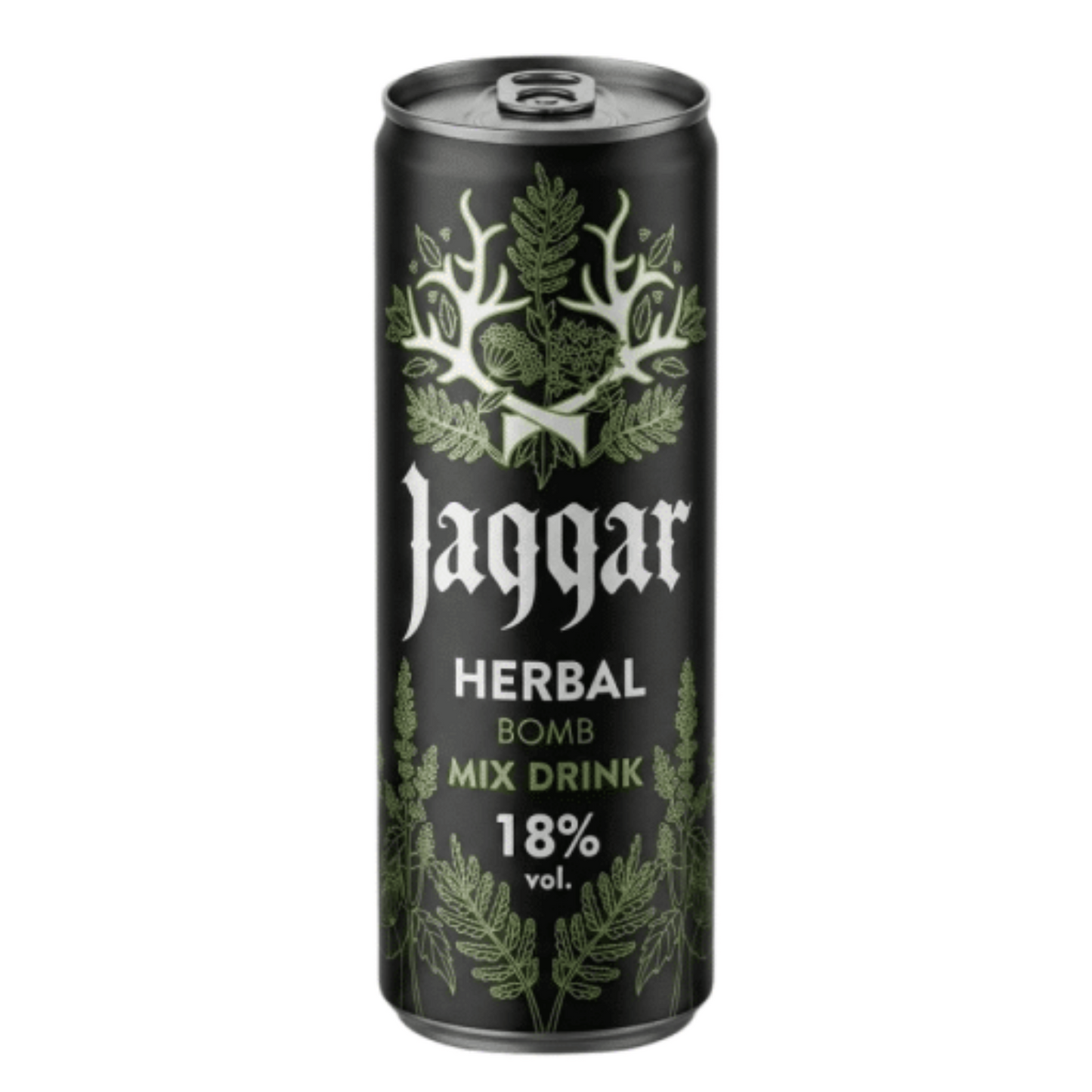 Black can of Jaggar Herbal Bomb Mix Drink with green leaf design on a white background