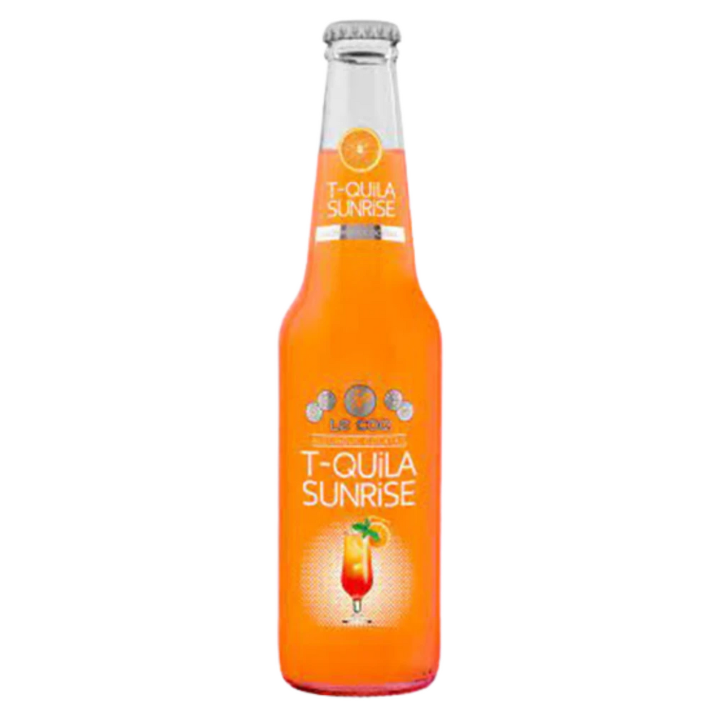 Orange bottle of T-QUILA SUNRISE on a white background