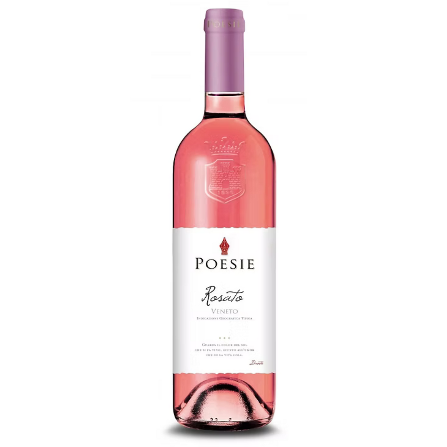 Pink bottle of Poesie Rosato wine on a white background