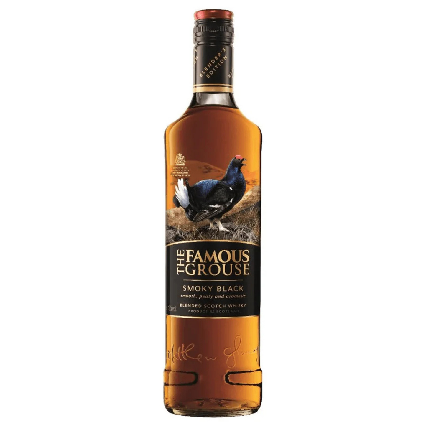 Bottle of The Famous Grouse Smoky Black whisky on a white background