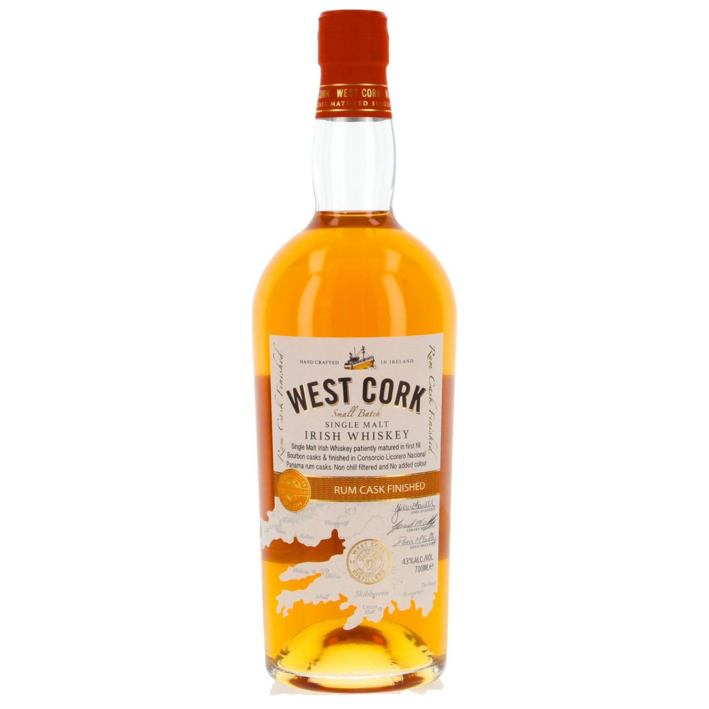 West Cork whiskey bottle on a white background