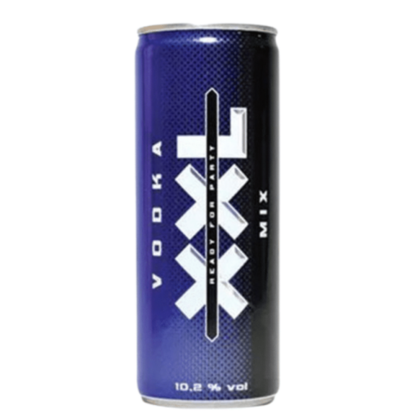 Blue can with white text on a white background