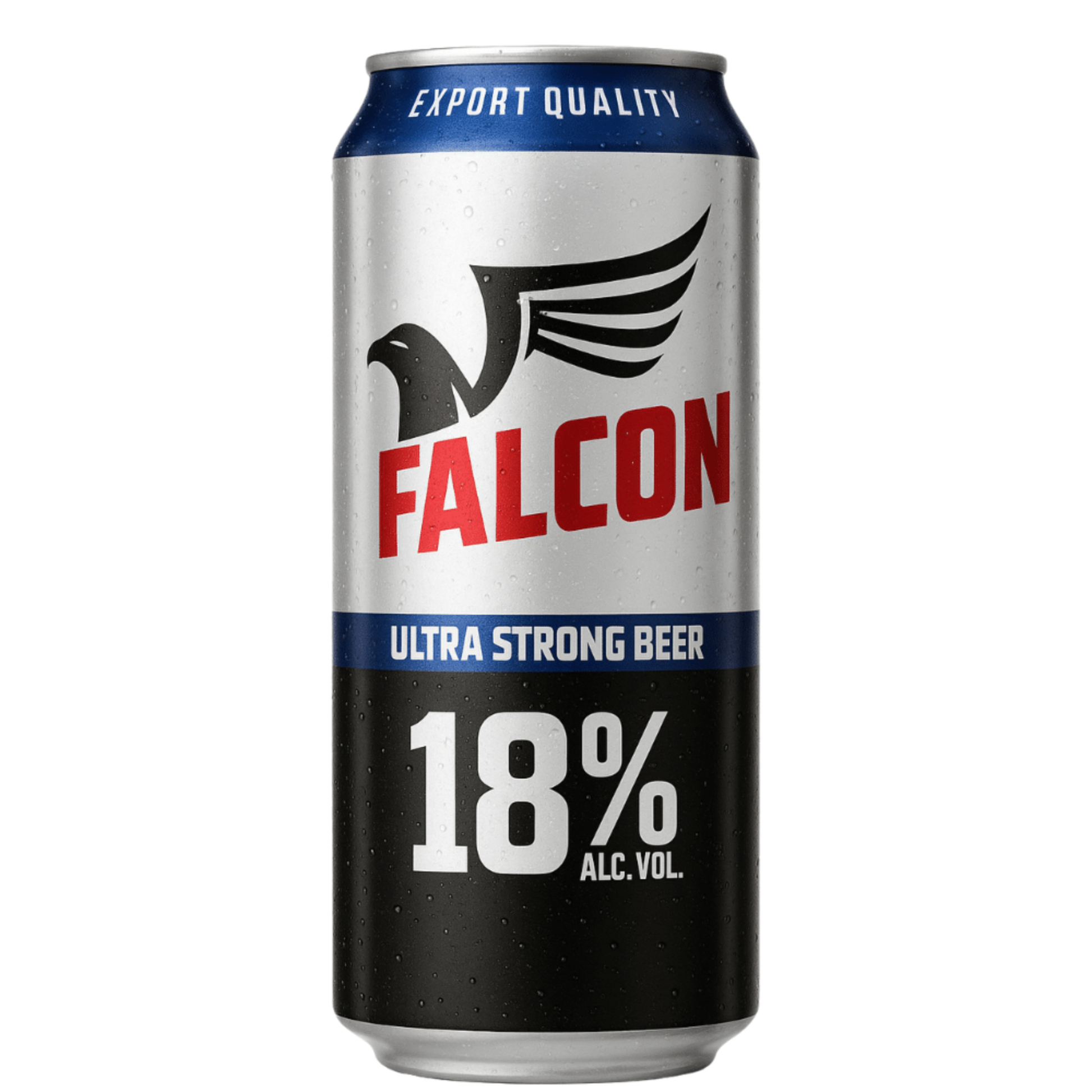 Falcon ultra strong beer can with 18% alcohol by volume on a white background