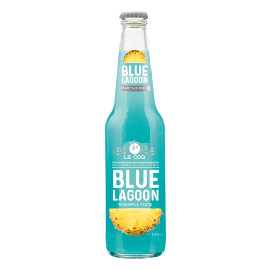 Blue Lagoon cocktail mix drink bottle on a white background