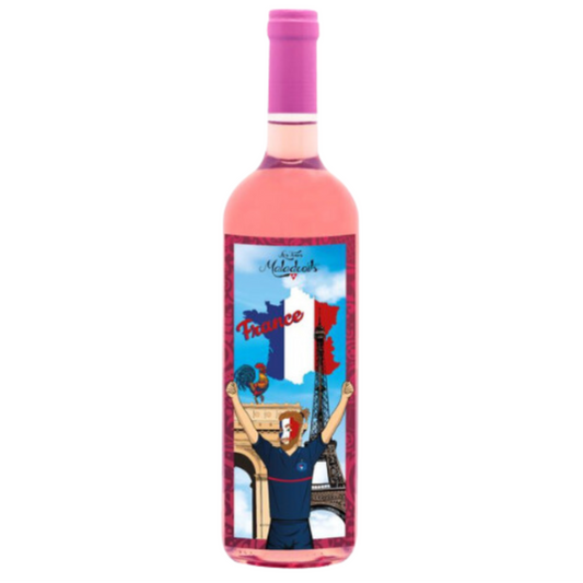 Wine bottle with a colorful label featuring Paris-themed illustrations on a white background